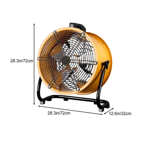 Heavy Duty Industrial Floor Drum Fan Rock Solid Steel Frame Kickin High Speed Airflow For Garage Workshop Jobsite And Warehouse Summer Cooling Operations, yellow shell, front view, dimensions shown.