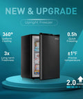 No Drama 3.0 Cu Ft Upright Mini Freezer With Single Door, Reversible Hinge, Black, showing features like quick freezing and cooling.