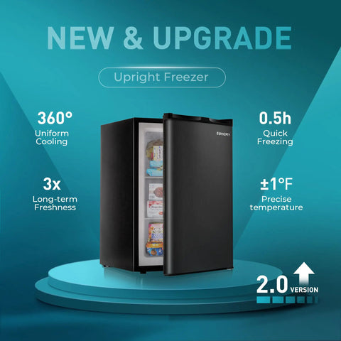 No Drama 3.0 Cu Ft Upright Mini Freezer With Single Door, Reversible Hinge, Black, showing features like quick freezing and cooling.