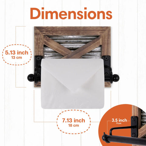 Dimensions of Rustic Farmhouse Toilet Paper Holder Wall Mount In Warm Brown Wood With Galvanized Metal And Black Finish
