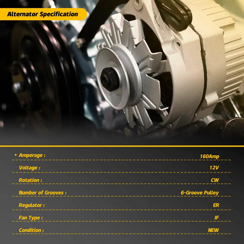 Alternator Replacement For Jeep Wrangler 07-11, Chrysler Town And Country 08-10, Voyager 08, Dodge Grand Caravan 08-10, And Volkswagen Routan 09-10 3.3L 3.8L Plug And Play OEM Numbers 04727865AB 04801304AA 04801304AC 4727865AB 4801304AA 4801304AC specifications shown including 160Amp and 12V.