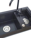 Black kitchen sink with Brushed Stainless Steel Faucet Hole Cover For Kitchen Sink, Rustproof Premium Faucet Hole Cap visible