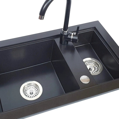 Black kitchen sink with Brushed Stainless Steel Faucet Hole Cover For Kitchen Sink, Rustproof Premium Faucet Hole Cap visible