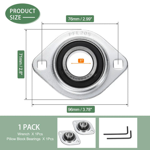 1 Inch Bore Pillow Block Bearing Kit With 304 Stainless Steel Housing And Wrench, Rust Resistant Flange Mount, Set Screw Lock For Secure Shaft Fit, Ideal For Industrial Machines And Conveyors. 76mm x 71mm mounting size