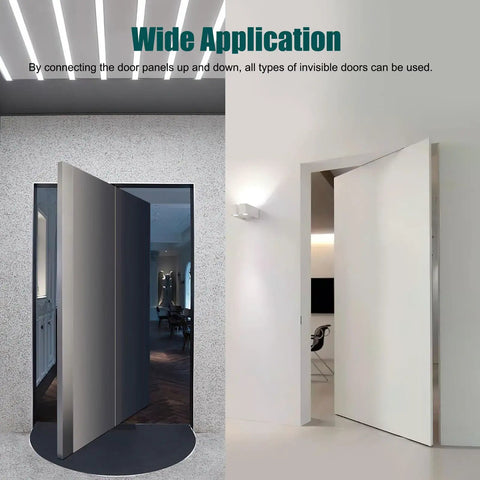 Badass Heavy Duty Hidden Door Hinge Built Like A Tank From 304 Stainless Steel Featuring Smooth Swinging Pivot Action And Seamless Bookcase Installations With Massive 573 Pound Load Rating displayed in dual door setups.