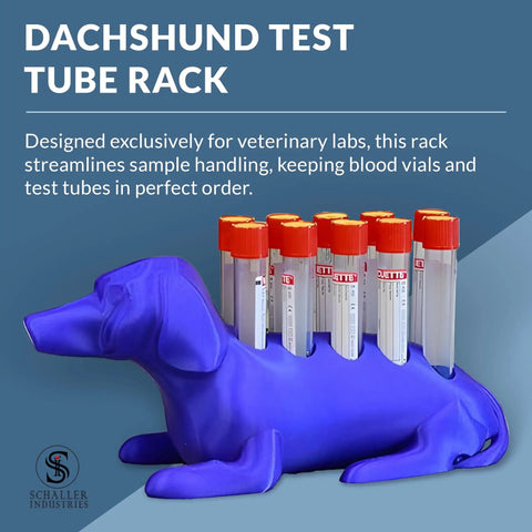 Royal blue dachshund shaped test tube rack for 16mm lab tubes vertical storage that holds 10 glass and plastic tubes vial holder.