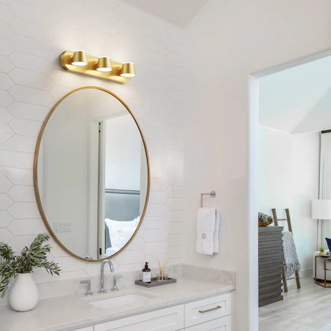 Bathroom with gold vanity light over mirror, not Three Light Matte Black LED Vanity Light With Up And Down Rotatable Heads Dimmable Bathroom Fixture 20 Inch Over Mirror Lighting Shatterproof White Acrylic End Caps Modern Bath Bar