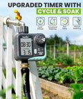 Sprinkler Timer With Cycle And Soak For Garden Hose No Guesswork Automatic And Manual Watering With Rain Delay Programmable Irrigation System For Lawn Yard Outdoor Large Screen Readout Easy Setup Set It And Forget It mounted on a garden fence near plants.