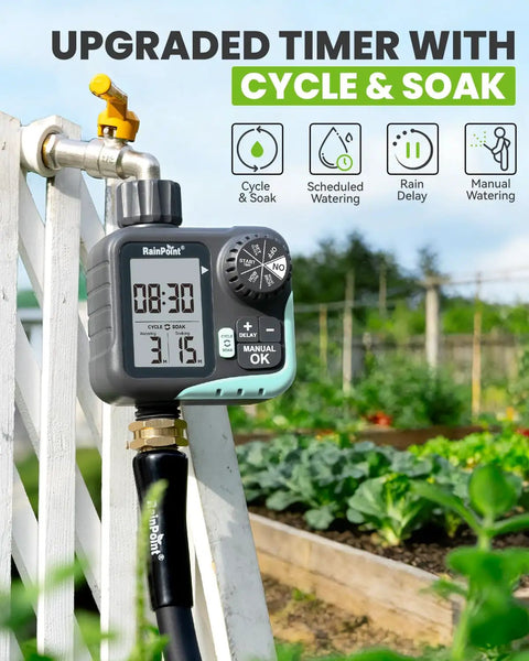 Sprinkler Timer With Cycle And Soak For Garden Hose No Guesswork Automatic And Manual Watering With Rain Delay Programmable Irrigation System For Lawn Yard Outdoor Large Screen Readout Easy Setup Set It And Forget It mounted on a garden fence near plants.