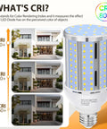 Six Pack 54W LED Corn Light Bulbs With E26 E27 Medium Base, CRI comparison with bulb showing 6800 Lumens, 5000K Daylight
