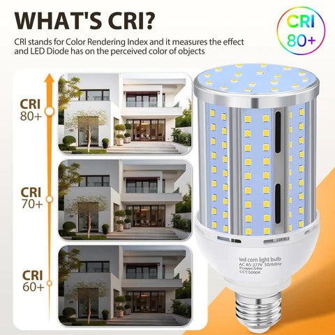 Six Pack 54W LED Corn Light Bulbs With E26 E27 Medium Base, CRI comparison with bulb showing 6800 Lumens, 5000K Daylight