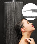 Concealed Dual Function Pressure Balanced Shower Valve with rainfall head shown spraying water on woman, highlighting thin design.