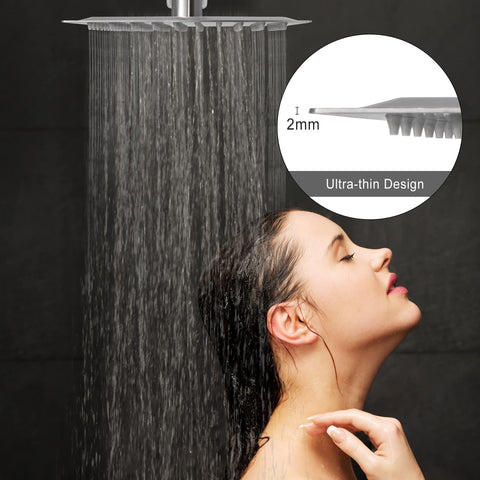 Concealed Dual Function Pressure Balanced Shower Valve with rainfall head shown spraying water on woman, highlighting thin design.