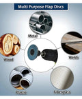 12 Count 2 Inch Flap Discs With Peel And Switch Backing For Angle Grinder Dust Vent Holes Blue Sanding Wheels shown with materials like wood, metal, plastic, fiberglass.