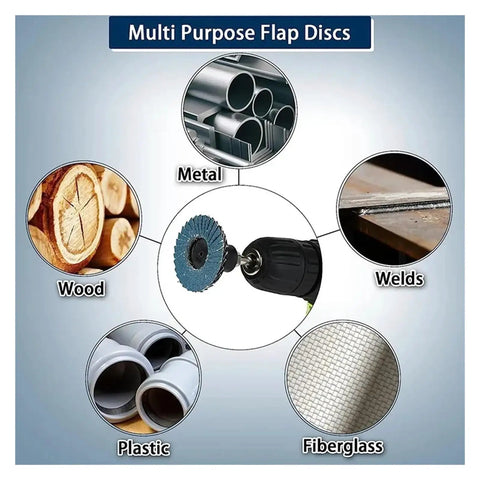 12 Count 2 Inch Flap Discs With Peel And Switch Backing For Angle Grinder Dust Vent Holes Blue Sanding Wheels shown with materials like wood, metal, plastic, fiberglass.