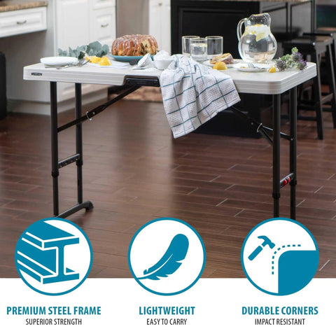 Commercial Adjustable Folding Table For Indoor And Outdoor Use 4 Foot Surface With Solid Seamless Top Height Settings of 24 29