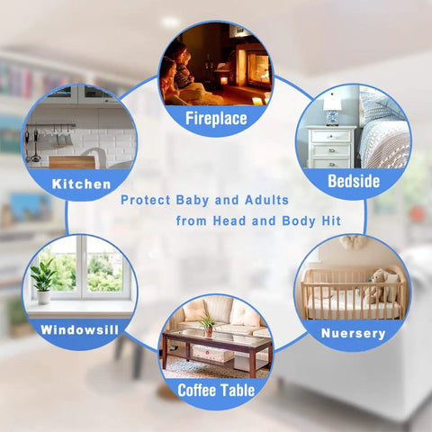 Diagram showing uses of Chew Proof Silicone Edge Protector for baby proofing in various rooms, like kitchen and nursery.