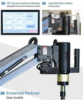 Pro Grade Electric Tapping Machine With Auto Oil Sprayer And Eight Piece Tap Collet Set 1100mm Long Arm showing control panel and mechanism.