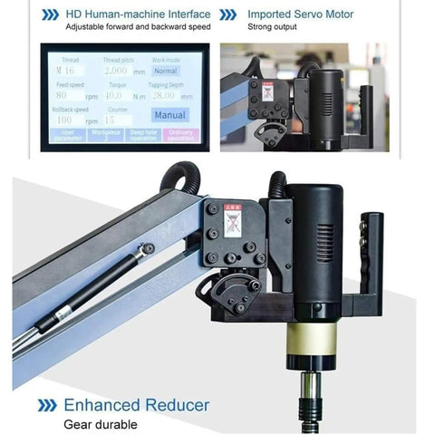 Pro Grade Electric Tapping Machine With Auto Oil Sprayer And Eight Piece Tap Collet Set 1100mm Long Arm showing control panel and mechanism.