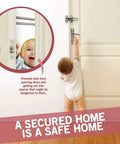 Child reaching for swing bar door lock on door, shown installed to prevent door opening, includes inset of child peeking through door secured with lock, promoting home safety.