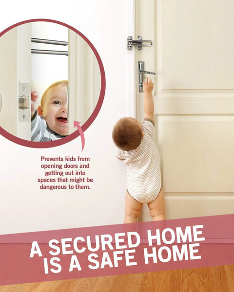 Child reaching for swing bar door lock on door, shown installed to prevent door opening, includes inset of child peeking through door secured with lock, promoting home safety.