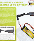 2S 7.4V 3000mAh 35C LiPo Battery with EC3 Plug and USB Charger shown in use for RC vehicles and aircraft