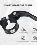 Black bike seat post clamp aluminum alloy quick release collar; size 28.6mm; lightweight, corrosion-resistant; features outlined on image