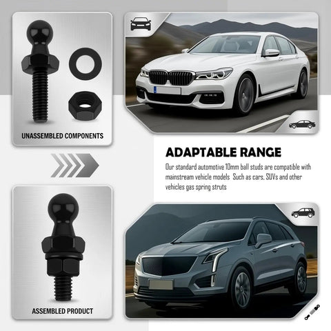 Four Piece 10mm Ball Stud Kit With Hardware For Gas Struts Lift Supports, M6 Thread, 14mm Shaft, 10mm Ball Head, Universal Fit For Cars And Trucks, Replacement Parts For Worn Gas Springs, Easy Install, black steel stud and washer
