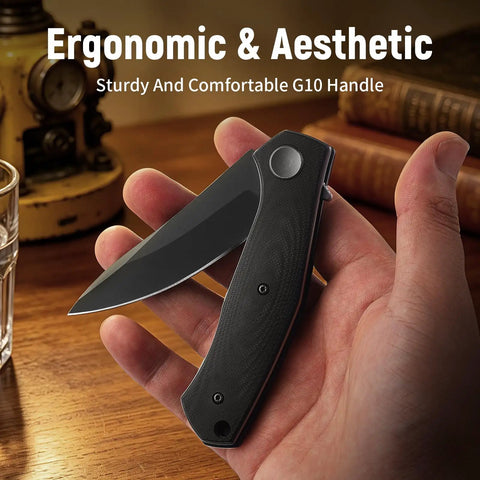Folding Pocket Knife With 3.23 Inch Stainless Steel Blade And G10 Handle Pocket Clip EDC Knife held in hand on table