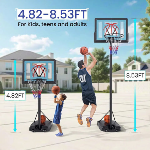 Adjustable Outdoor Basketball Hoop On Wheels Portable System With 32 Inch Backboard Fillable Base And Height From 4.82 To 8.53 Feet for kids and adults in a driveway setting