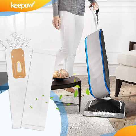 Person using 12 Pack Type CC Vacuum Bags For Oreck XL Upright Vacuums, Replacement Bags Fits XL2100RHS U2000R1 U2000RB1 U2000RB2L-1 And Other Oreck Commercial Models, Durable, Easy To Install, CCPK8 CCPK8OH CCPK8DW with vacuum and packaging visible.