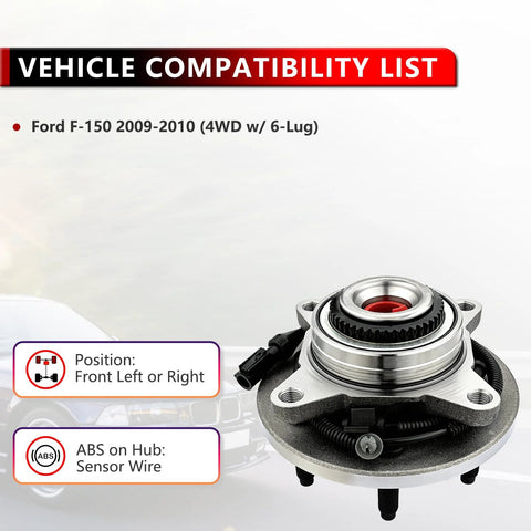 4WD Front Left Or Right Wheel Bearing And Hub Assembly Replacement Suspension Kit For Ford F150 2009 2010 Fits Front Wheel Hub Bearing 4x4 Models Premium Direct Fit With Easy Install, showing the hub with ABS wire.