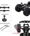 313mm Wheelbase Chassis Frame With Tires For 1 To 10 Scale SCX10 II 90046 90047 RC Crawler DIY Build Kit With Brushed 540 35T Motor And Durable Hardened Steel Frame For Tough Trail Crawling, detailed view of components including steering angle, metal gears, and transmission.