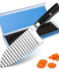 Dragon Creek stainless steel crinkle cutter knife with black wood handle in blue box; wavy blade for vegetables.