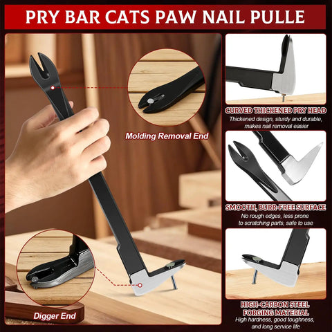 12 Piece Nail Puller And Trim Removal Tool Kit Including End Cutting Pliers Baseboard Tool Cat's Paw Nail Puller Car Clip Remover Tools Pry Bar Staple Remover Tool Carpet Cutter And Hook Tools For DIY Auto And Home Repair, black steel pry bar close-up
