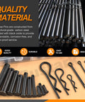 Assorted 100 Piece Pin Fastener Kit With Cotter Pins R Clips Clevis Pins Hair Pins And Hitch Pins In 16 Sizes M2 Through M12 Zinc Plated Black Finish Ideal For Automotive And Mechanical Projects; steel pins displayed on table.