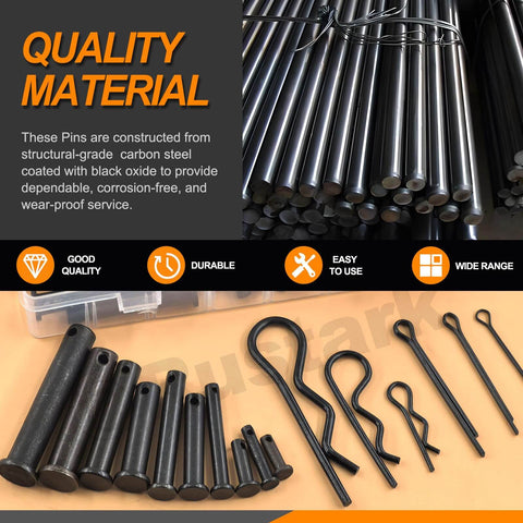 Assorted 100 Piece Pin Fastener Kit With Cotter Pins R Clips Clevis Pins Hair Pins And Hitch Pins In 16 Sizes M2 Through M12 Zinc Plated Black Finish Ideal For Automotive And Mechanical Projects; steel pins displayed on table.
