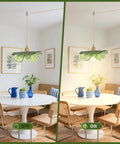 Eemmwet Green Plug in Pendant Light Handmade Glass Hanging Light for Kitchen Island Bedroom Dining Room Living Room illuminated on dining table