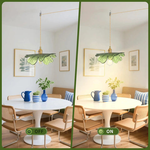 Eemmwet Green Plug in Pendant Light Handmade Glass Hanging Light for Kitchen Island Bedroom Dining Room Living Room illuminated on dining table