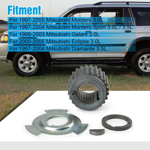 Timing Belt Kit With Crankshaft Sprocket Gear Pulley Sensor Blade Plate And Spacer Ready To Go Direct Fit For Mitsubishi Montero Sport 3.0L 3.5L V6 MD184894 MD184901 MD309036 MD008959 showing parts on white background