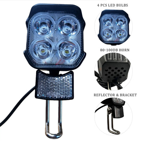 Front Light With All In One Horn For E Bikes And E Scooters Bright LED Headlight With 80dB To 100dB Horn And Waterproof 3 Pin Connector Perfect For Night Riding Works With 36V 48V 12V To 60V Electric Bikes