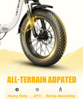 Ranger 2.0 Electric Bike Rollin Easy At 25 Mph With A Beefy 55 Mile Range 48V 15Ah Battery 500W Motor fat tire and shock absorber close-up.