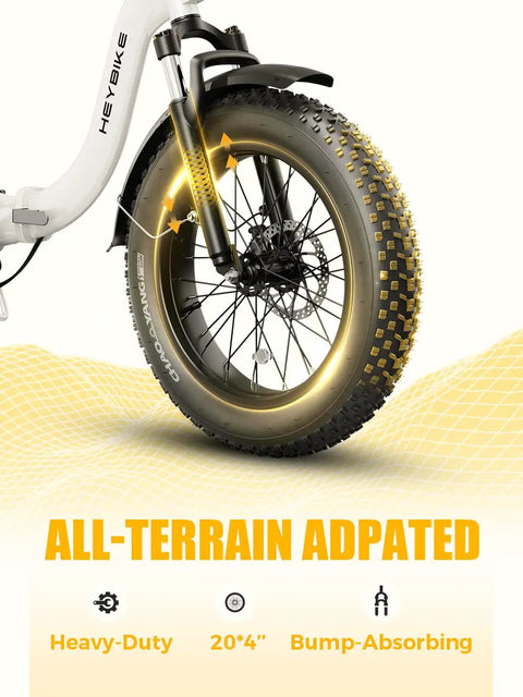 Ranger 2.0 Electric Bike Rollin Easy At 25 Mph With A Beefy 55 Mile Range 48V 15Ah Battery 500W Motor fat tire and shock absorber close-up.