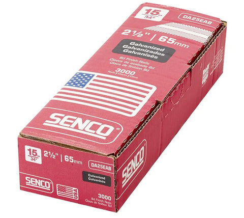 Box of two and a half inch 15 gauge galvanized finishing nails for cabinets and furniture, 3,000 per box, Made in USA.