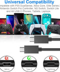 Image showing Two Pack 5ft USB C Controller Charger Cables for DualSense, Xbox Series X-S Core, Elite Series 2, and Switch compatibility.