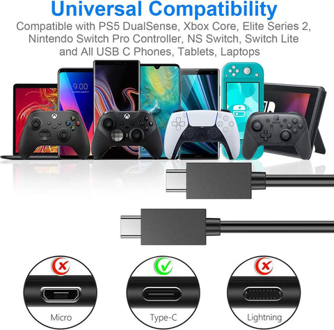 Image showing Two Pack 5ft USB C Controller Charger Cables for DualSense, Xbox Series X-S Core, Elite Series 2, and Switch compatibility.