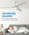 Sleek Eighty Four Inch High Velocity Ceiling Fan With Hardcore One Hundred Watt Motor And Three Patented Blades Serving Killer Chill For Every Room And Patio Hangout featuring patented blades above a sofa.