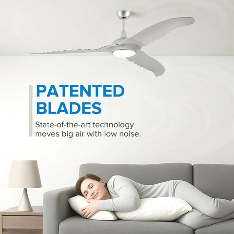 Sleek Eighty Four Inch High Velocity Ceiling Fan With Hardcore One Hundred Watt Motor And Three Patented Blades Serving Killer Chill For Every Room And Patio Hangout featuring patented blades above a sofa.
