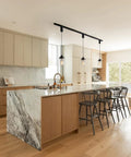 Slick Adjustable Black Track Lighting Pendants Offer No Sweat Setup And Kick Up Any Room While Fitting H Style Three Wire Tracks And Supporting Standard E26 Vintage Bulbs Pack Of 3 over a modern kitchen island.
