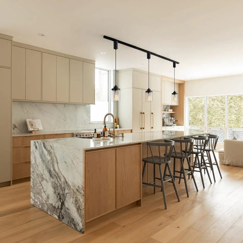 Slick Adjustable Black Track Lighting Pendants Offer No Sweat Setup And Kick Up Any Room While Fitting H Style Three Wire Tracks And Supporting Standard E26 Vintage Bulbs Pack Of 3 over a modern kitchen island.